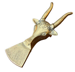 Vintage MCM Solid Brass Horned Bulls Head Door Stop Boot Jack 9.5in